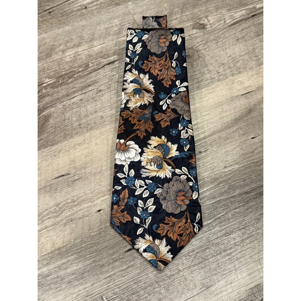Manhattan Mens Floral Silk‎ Tie Navy Blue Brown White Blue Flowers